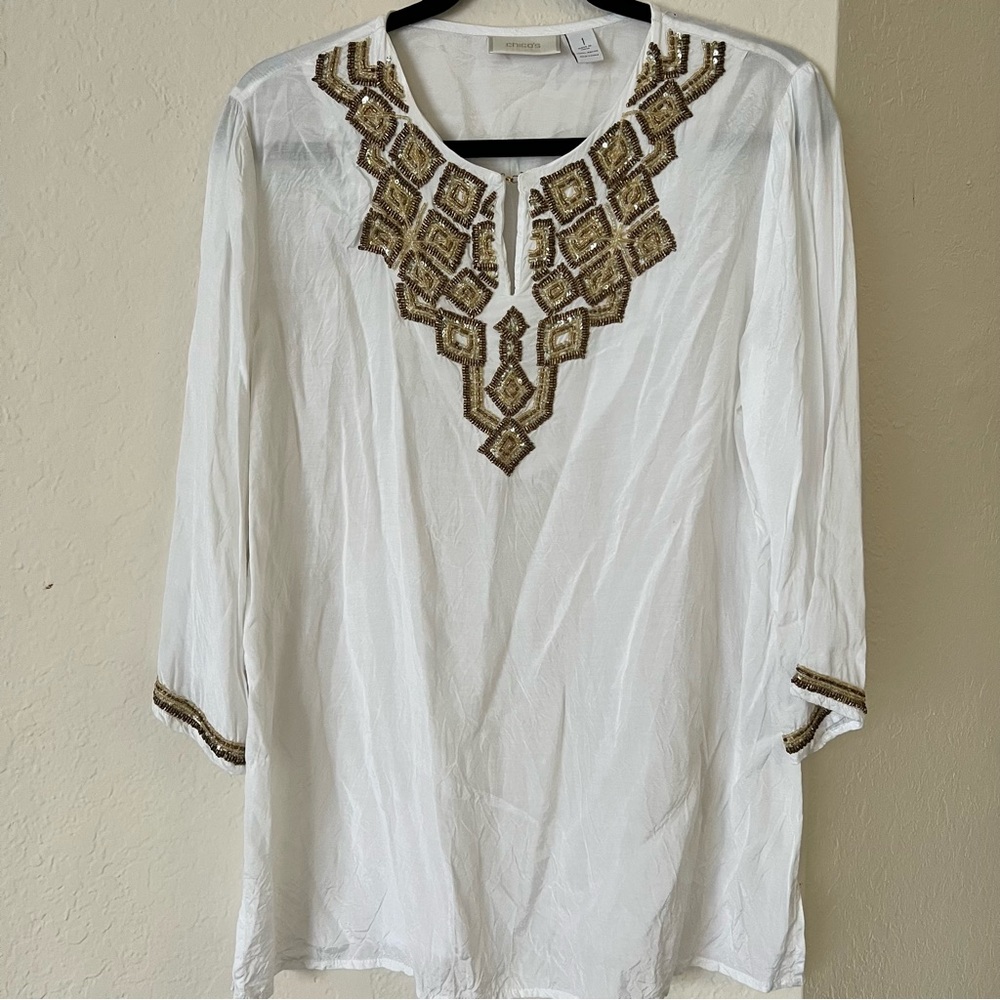 Chico's Beaded Chambray Tunic Top Size XS Beach Wear Bohemian
